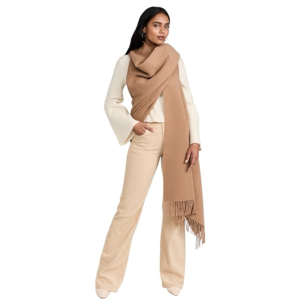 RAG & BONE Addison Fringed Shawl Camel Wool Blend Scarf Jacket OS Cozy Neutral